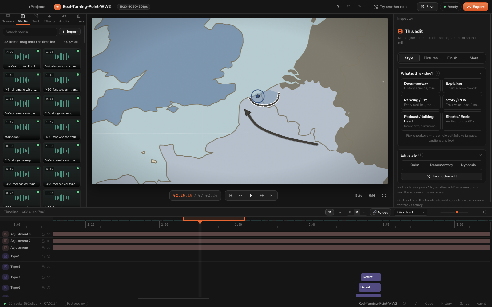 The Auto Edit Flow editor with a finished edit on the timeline